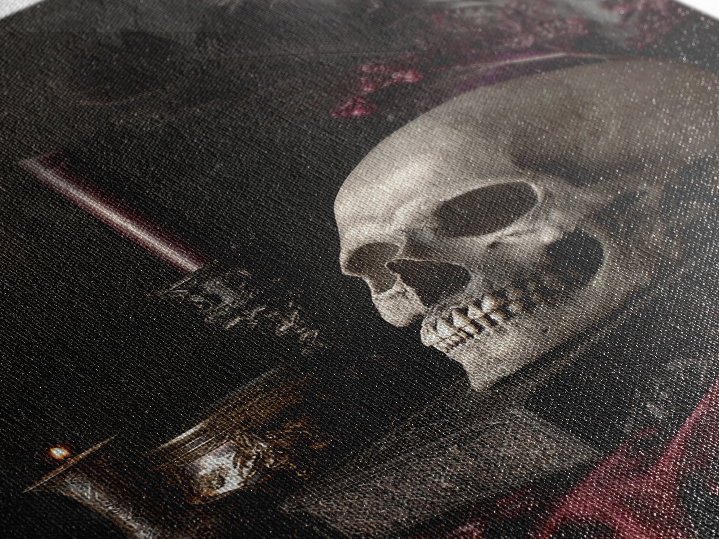 Baroque Skull and Red Velvet Vanitas Canvas Print, Dark Art, Living Room Decor, Oil Painting, Nocturne, Halloween Art, DAR-2x3-66