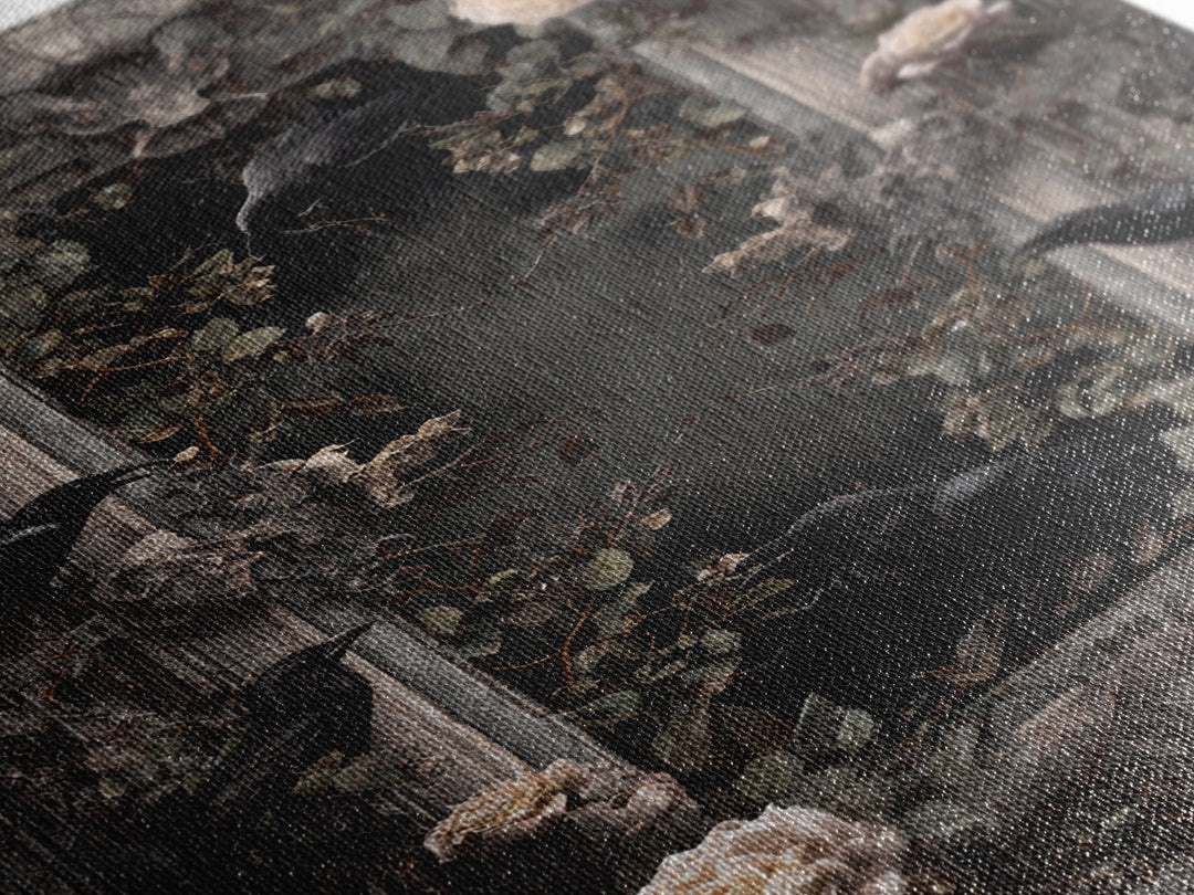 Black Roses Blooming from Cracked Stone Canvas Print, Dark Art, Oil Painting, Living Room Decor, Nocturne, Gothic Wall Decor, DAR-2x3-82