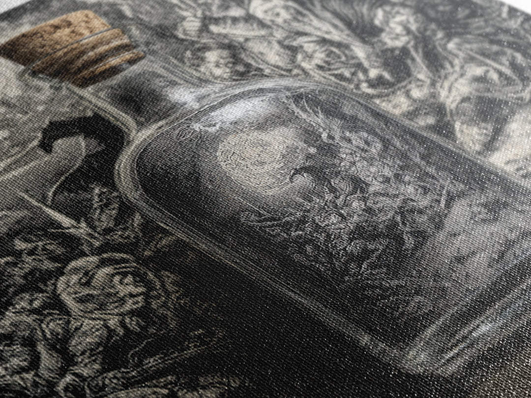 The Bottled Ghost, Renaissance Engraving Art, Square Wall Art, Dark Fantasy Wall Art, Framed Canvas Print, Halloween Wall Art