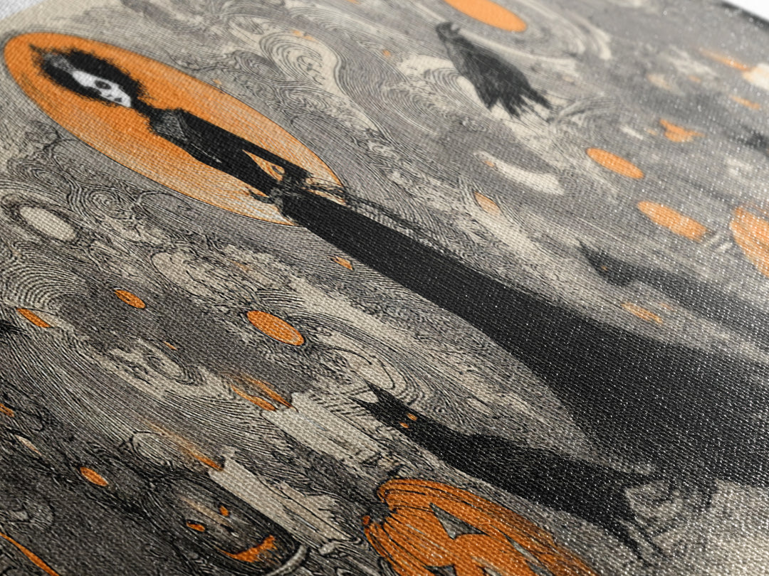 Vintage Orange-And-Black Halloween, Decadent Line Art, Extra Wide Wall Art, Macabre Wall Art, Canvas Print, Halloween Wall Art