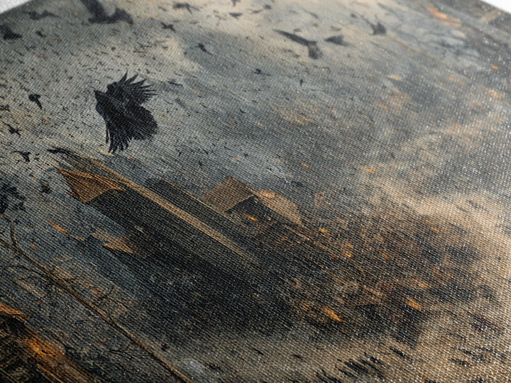 Ravens And Ruins, Northern Renaissance Horror, Wide Panoramic Art, Dark Halloween Decor, Framed Canvas Print, Halloween Wall Art