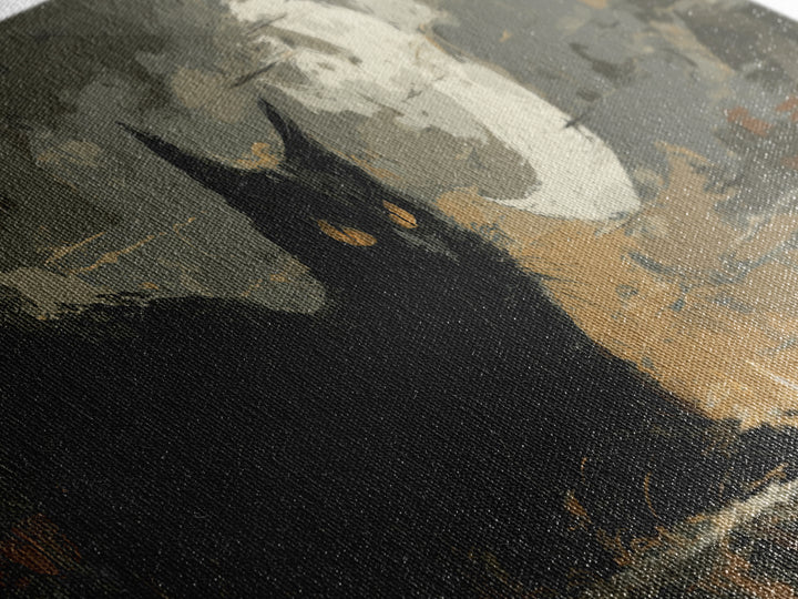 Black Cat with Glowing Eyes under Crescent Canvas Print, Dark Art, Halloween Decoration, Living Room Decor, Abstract Art, DAR-3x1-49