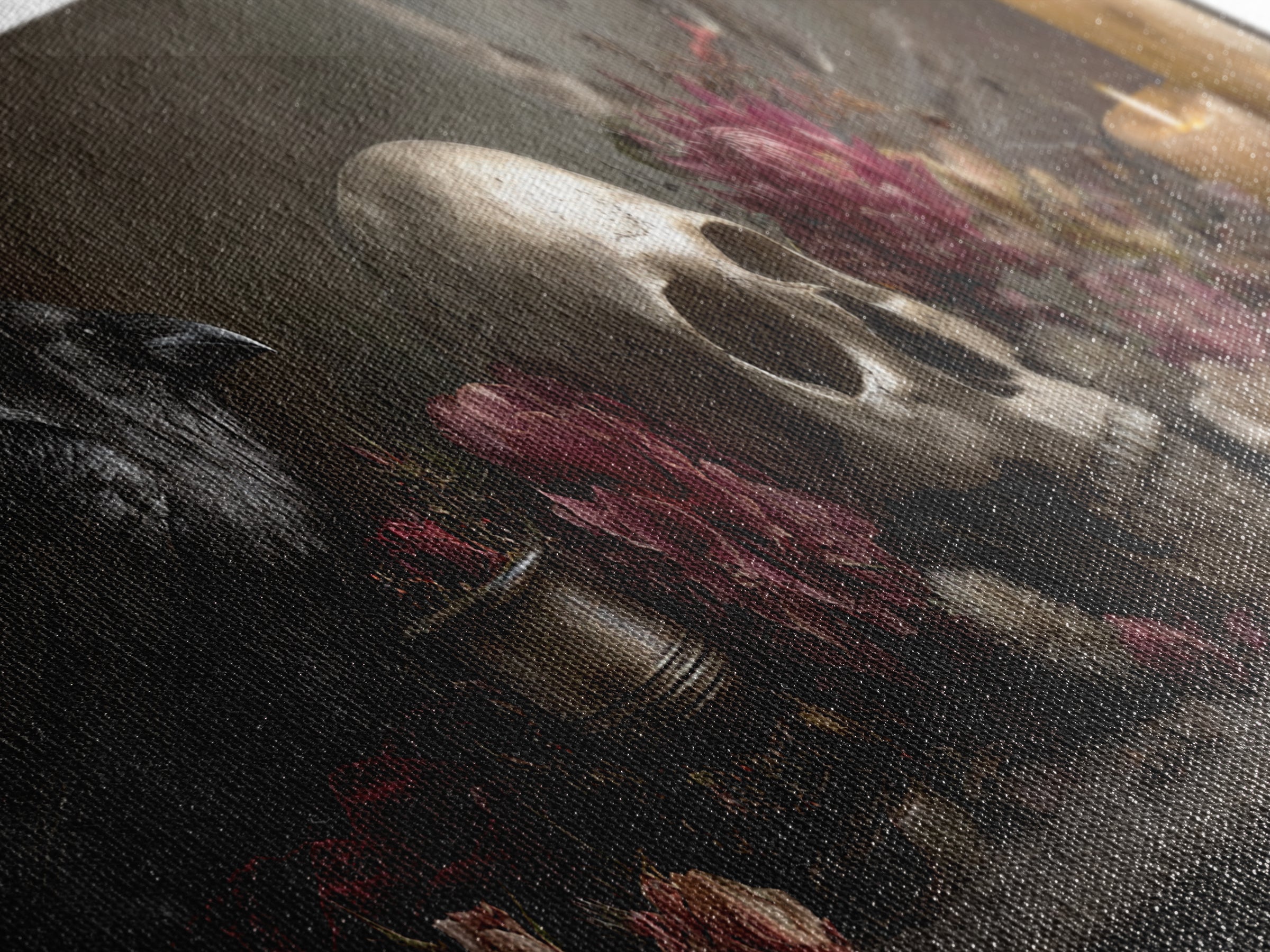 Baroque Skull and Red Velvet Vanitas Framed Canvas Print, Dark Art, Gothic Art, Living Room Decor, Oil Painting, Nocturne, DAR-3x1-74