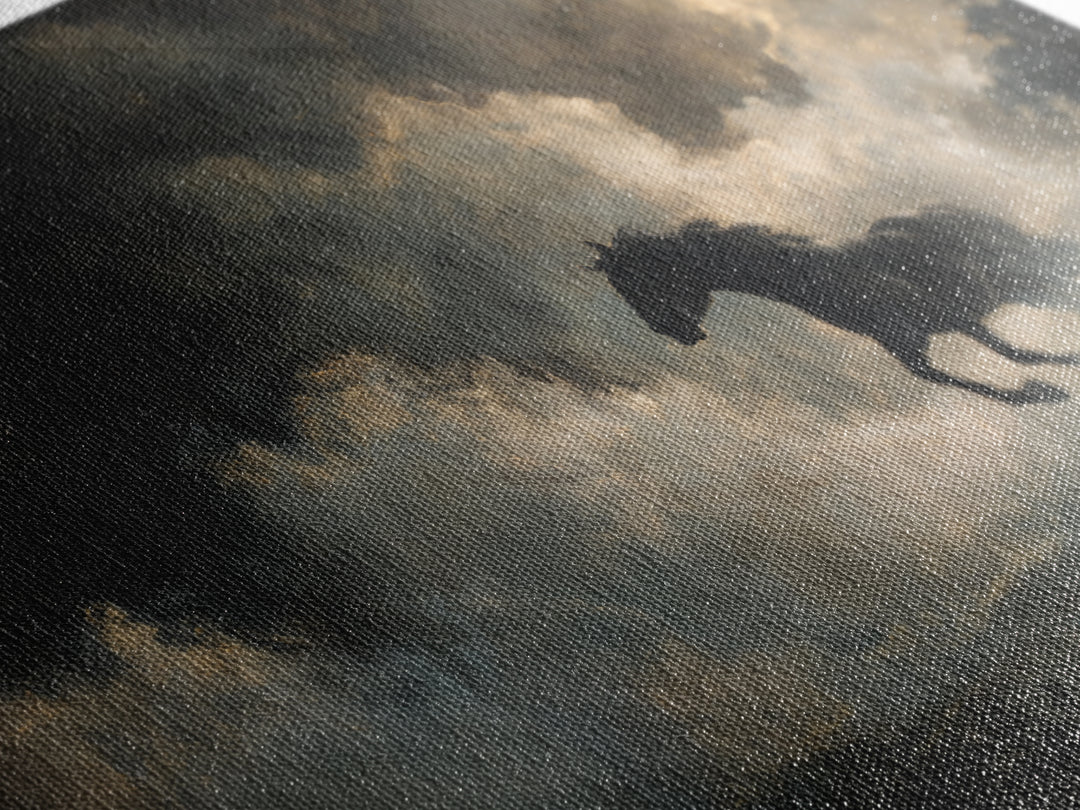 Black Horse Emerging from Smoke Framed Canvas Print, Dark Art, Living Room Decor, Oil Painting, Nocturne, Halloween Art, DAR-3x2-47