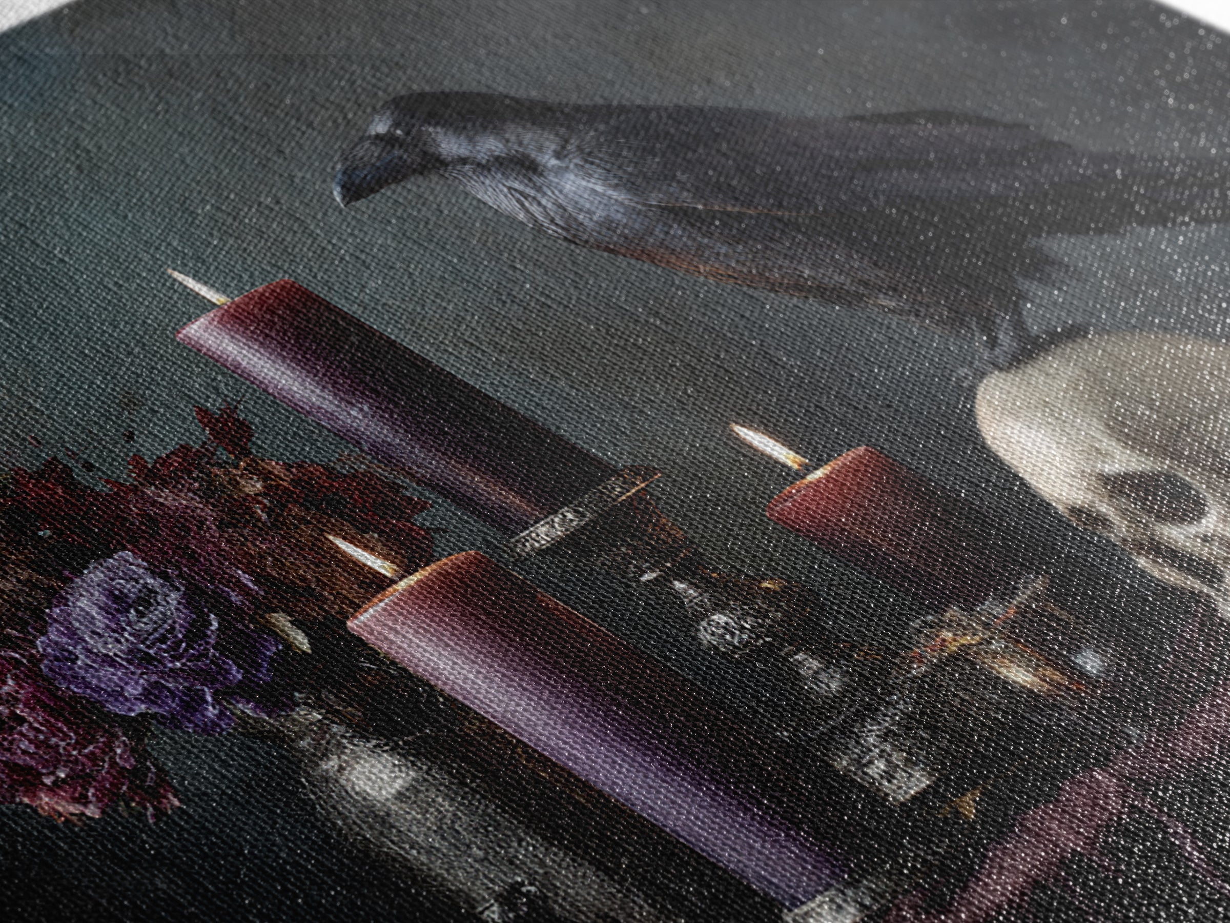 Raven Perched on a Skull Framed Canvas Print, Dark Art, Weird Art, Living Room Decor, Fine Art, Nocturne, Textured Painting, DAR-3x2-5