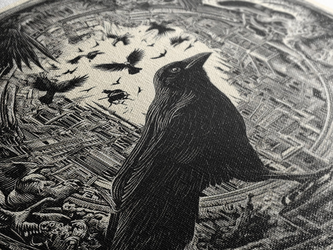 Ravens And Ruins, Macabre Folk Print Art, Square Wall Art, Dark Fantasy Wall Art, Canvas Print, Halloween Wall Art