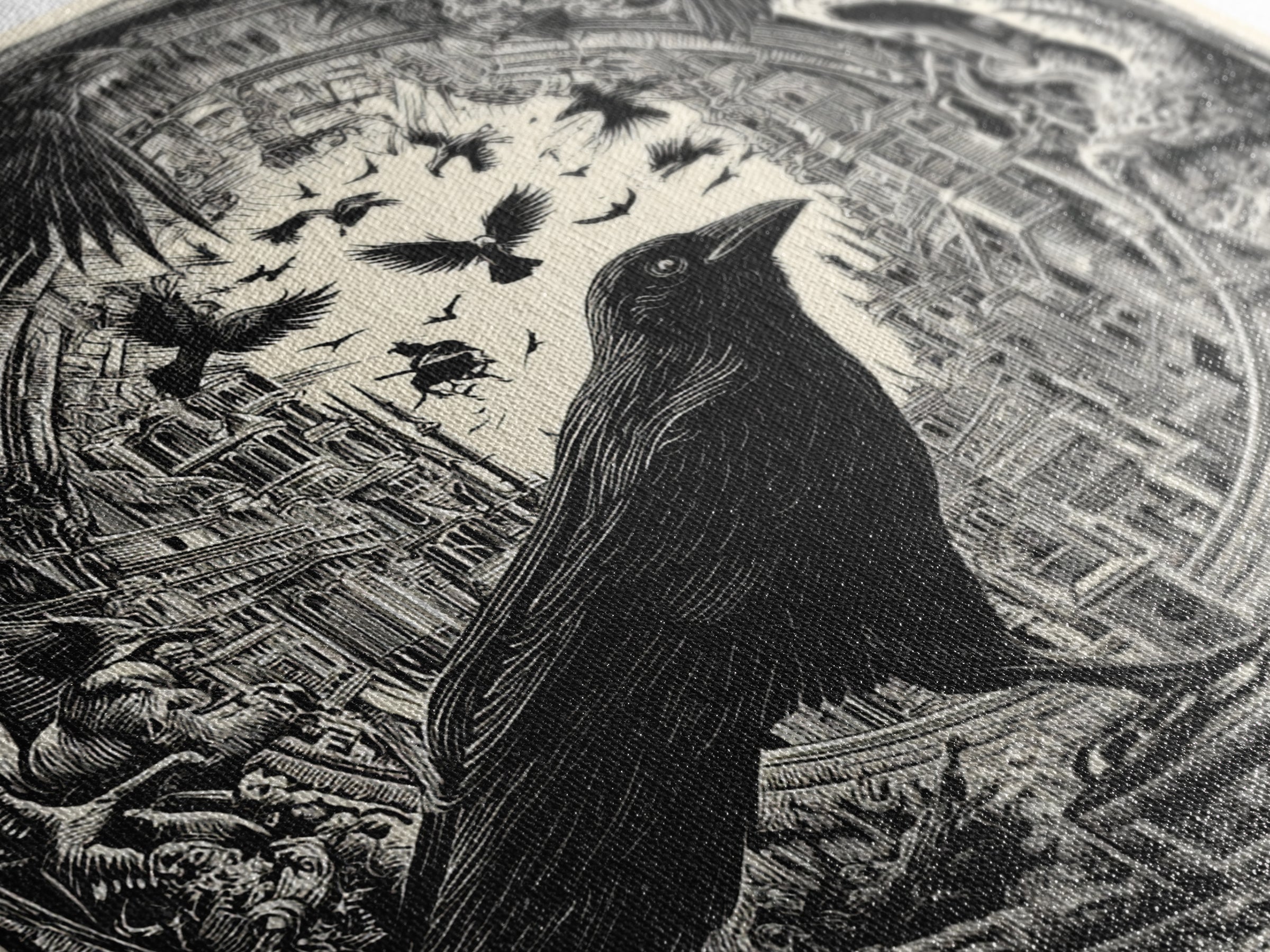 Ravens And Ruins, Macabre Folk Print Art, Square Wall Art, Dark Fantasy Wall Art, Canvas Print, Halloween Wall Art