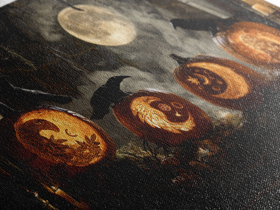 Pumpkins And Moon Phases, Visionary Gothic Art, Landscape Wall Art, Dark Halloween Decor, Framed Canvas Print, Halloween Wall Art