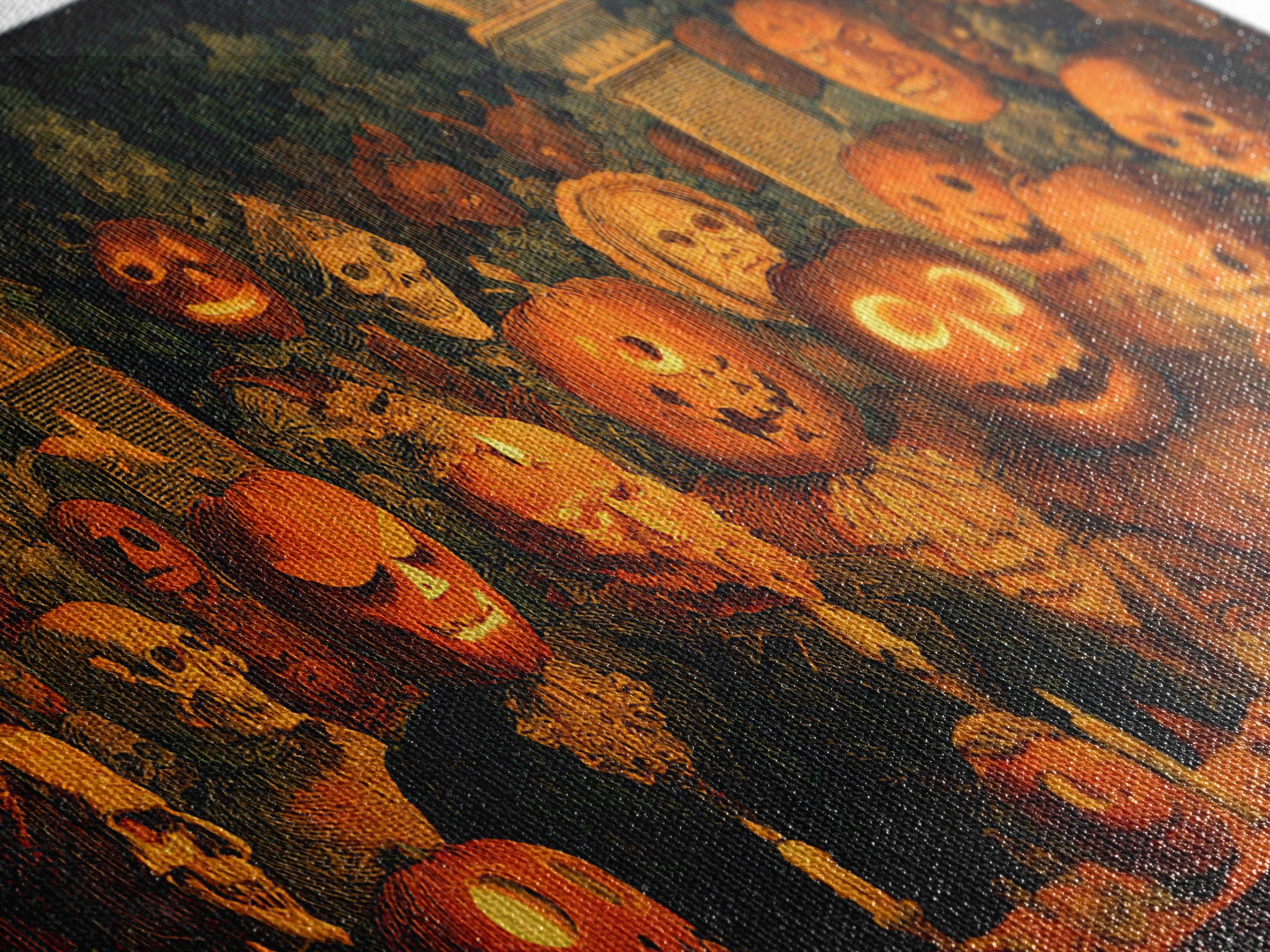 Pumpkins And Moon Phases, Grotesque Carnival Art, Wide Panoramic Art, Dark Fantasy Wall Art, Framed Canvas Print, Halloween Wall Art