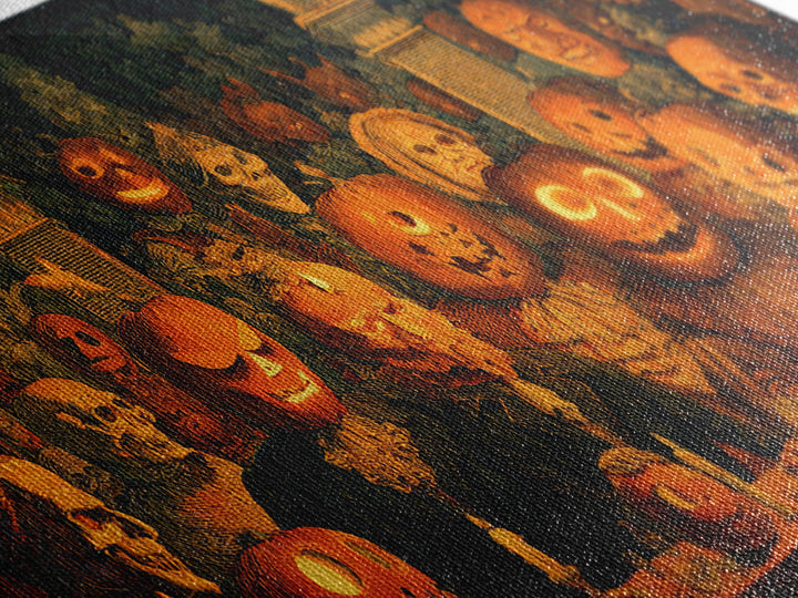 Pumpkins And Moon Phases, Grotesque Carnival Art, Wide Panoramic Art, Dark Fantasy Wall Art, Framed Canvas Print, Halloween Wall Art