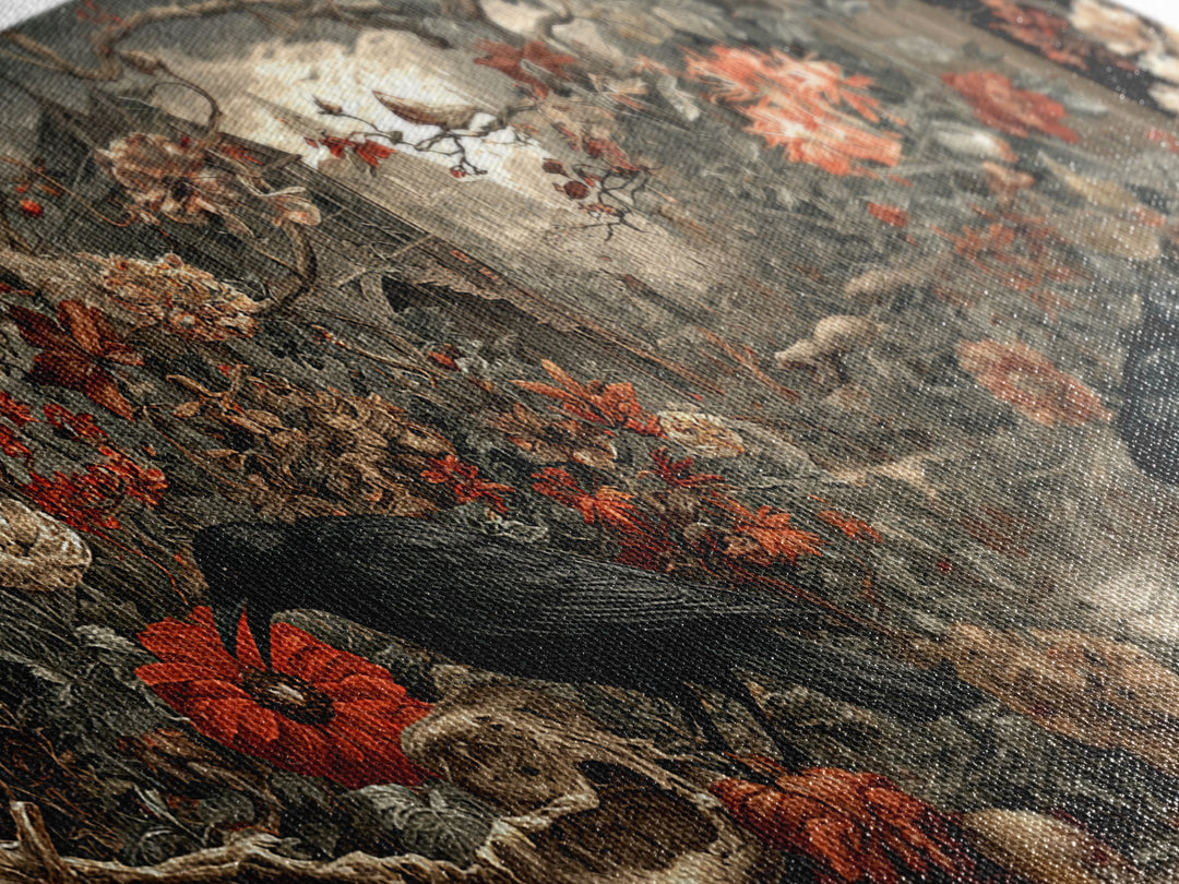 Skeletal Botanicals, Northern Renaissance Horror, Wide Panoramic Art, Dark Fantasy Wall Art, Framed Canvas Print, Macabre Wall Art