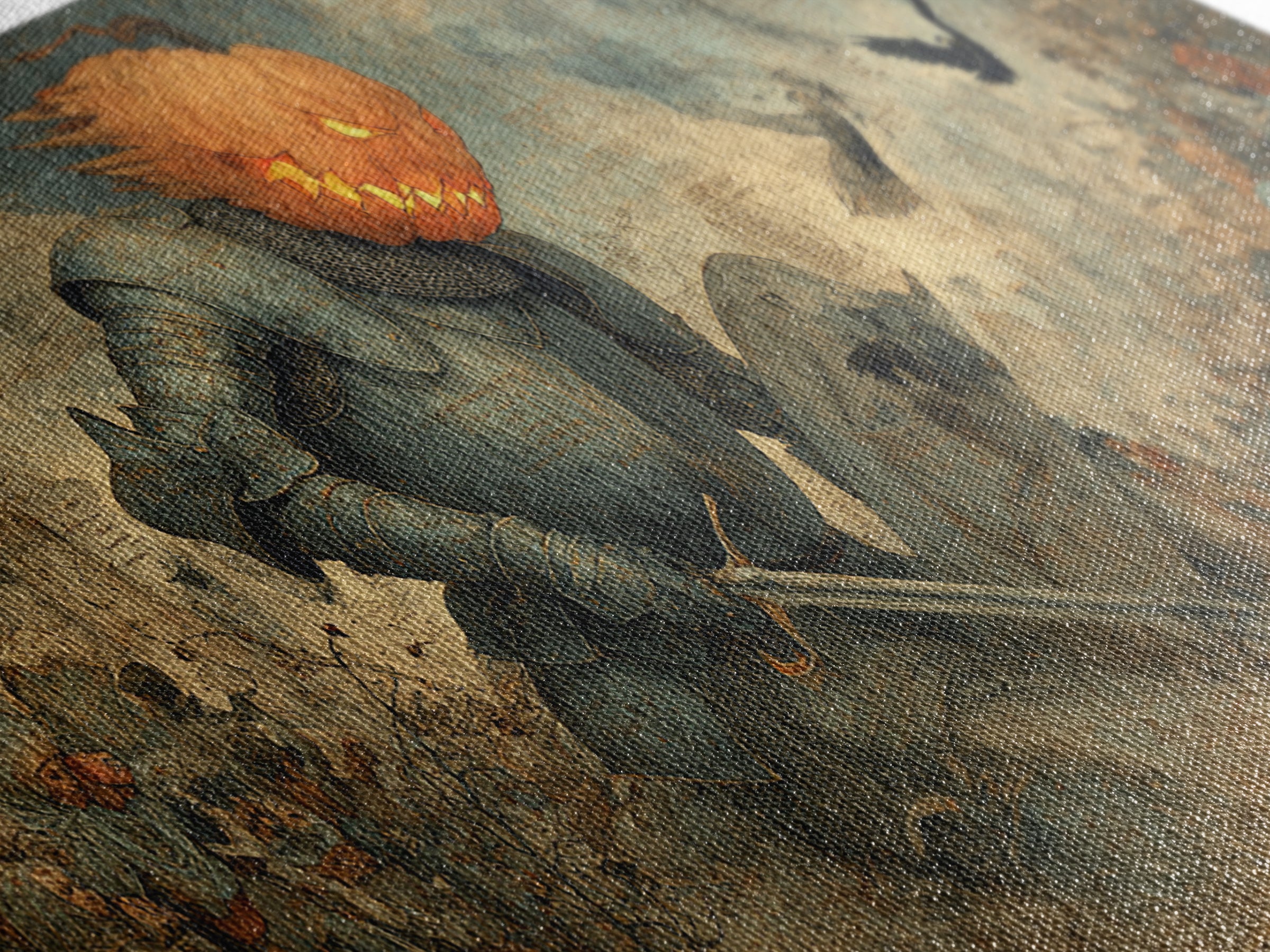 The Pumpkin Paladin, Northern Renaissance Horror, Wide Panoramic Art, Macabre Wall Art, Framed Canvas Print, Halloween Wall Art
