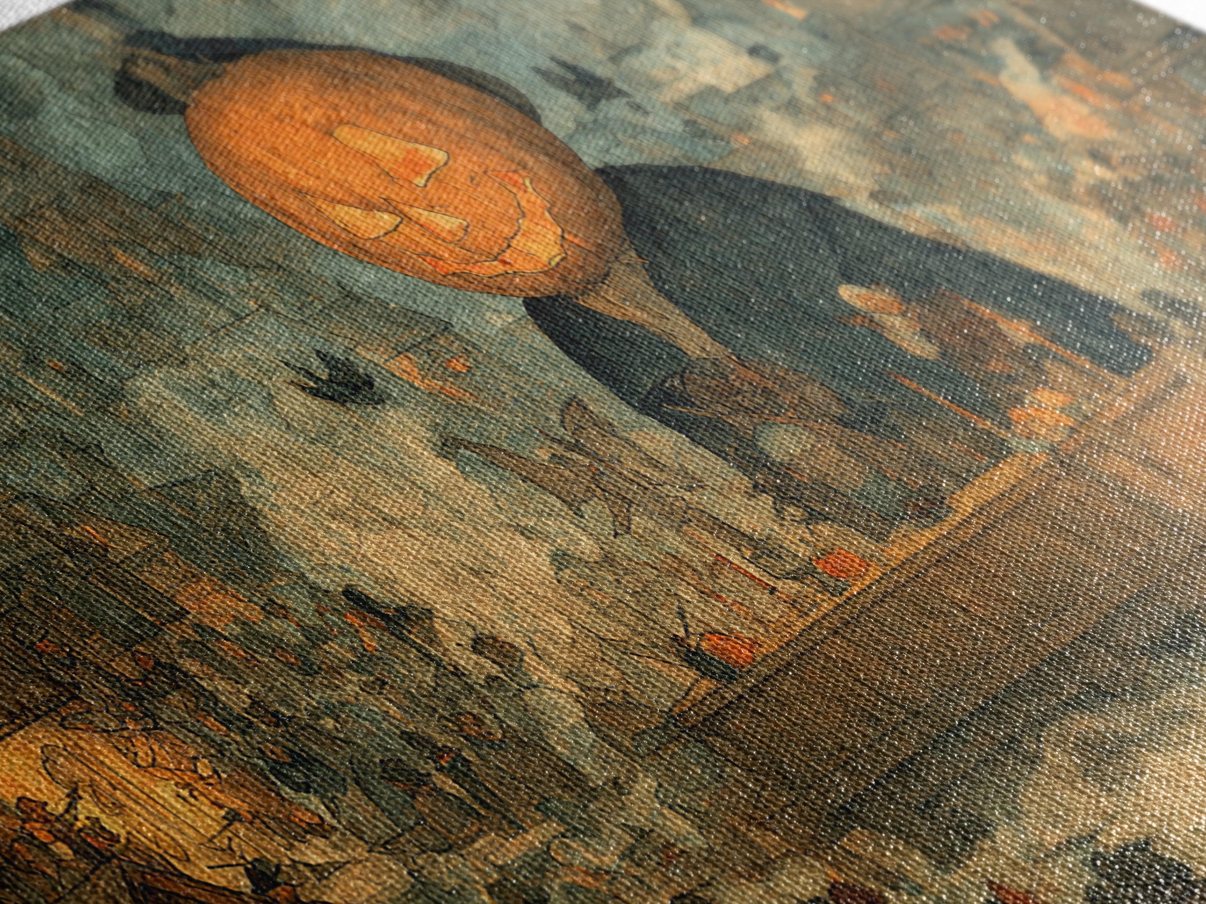 The Pumpkin-Headed Tea Merchant, Northern Renaissance Horror, Wide Panoramic Art, Gothic Horror Wall Art, Canvas Print