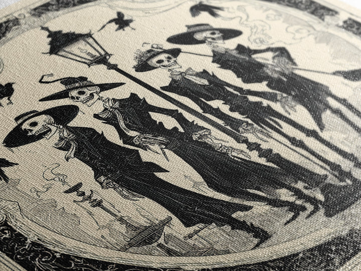 The Skeleton Barbershop Quartet, Decadent Line Art, Square Wall Art, Dark Halloween Decor, Framed Canvas Print
