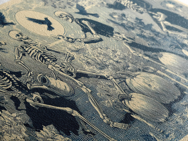 The Skeleton Gardeners, Macabre Folk Print Art, Wide Panoramic Art, Macabre Wall Art, Canvas Print, Halloween Wall Art
