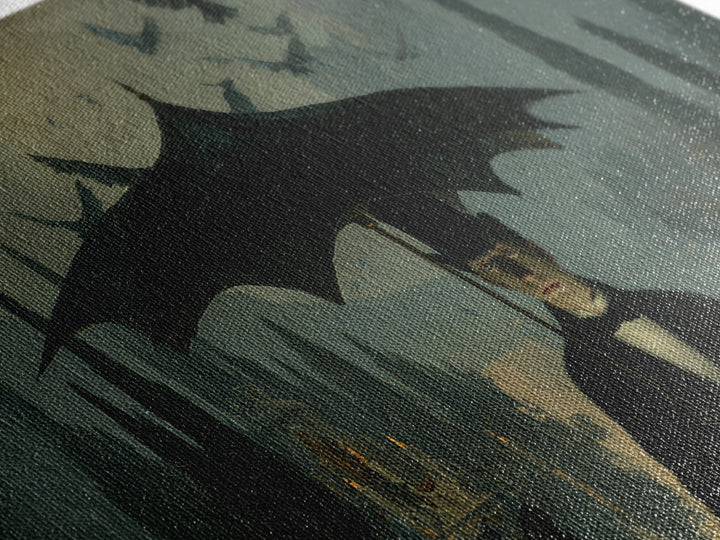 The Bat Umbrella Salesman, Symbolist Gothic Landscape, Wide Panoramic Art, Dark Halloween Decor, Canvas Print, Halloween Wall Art