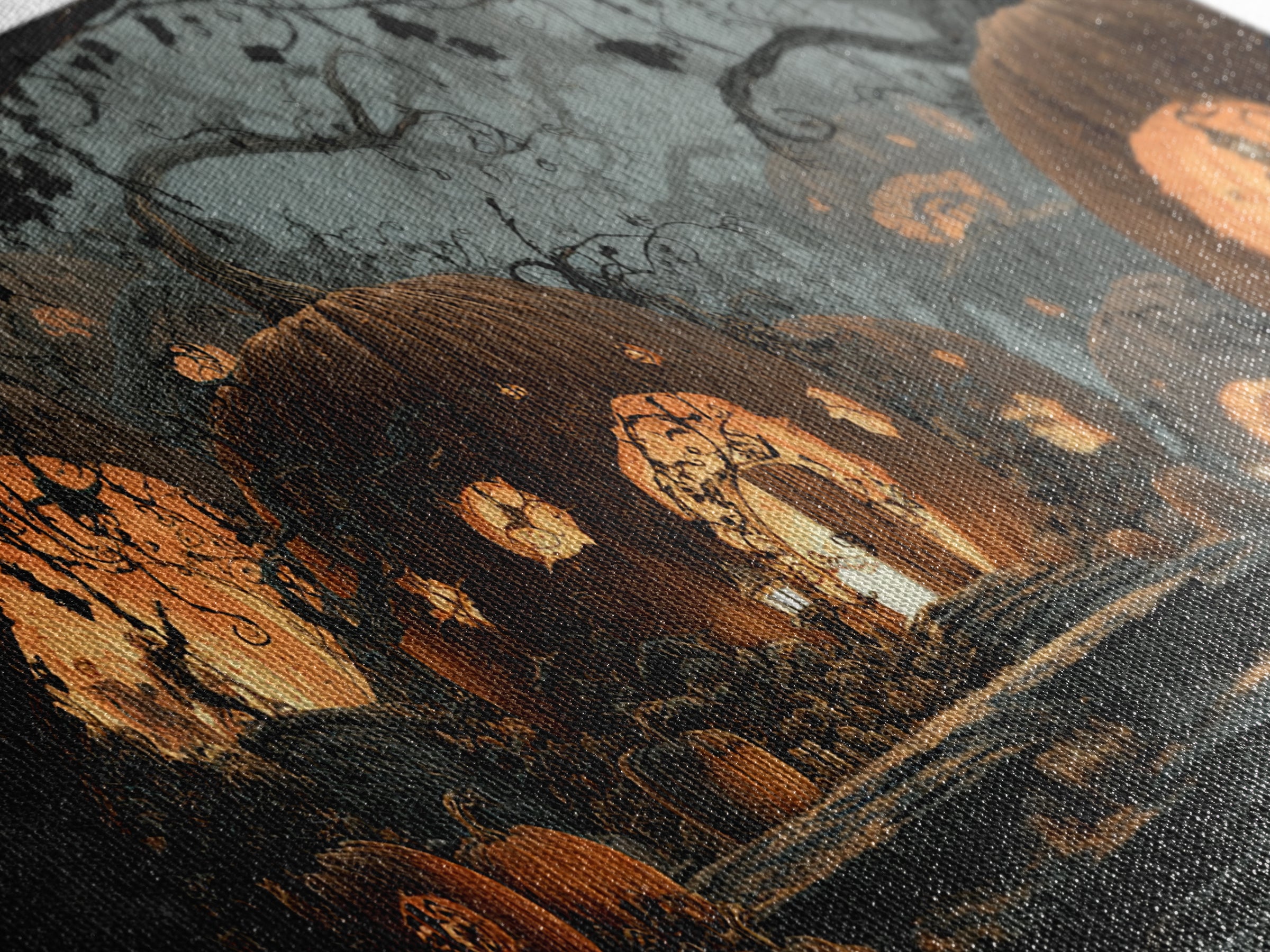The Pumpkin-House Neighborhood, Macabre Folk Print Art, Wide Panoramic Art, Macabre Wall Art, Framed Canvas Print