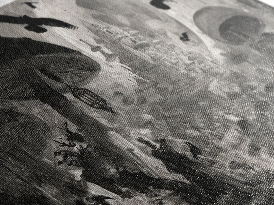 The Moonlit Mushroom Village, Architectural Etching Art, Wide Panoramic Art, Gothic Horror Wall Art, Canvas Print