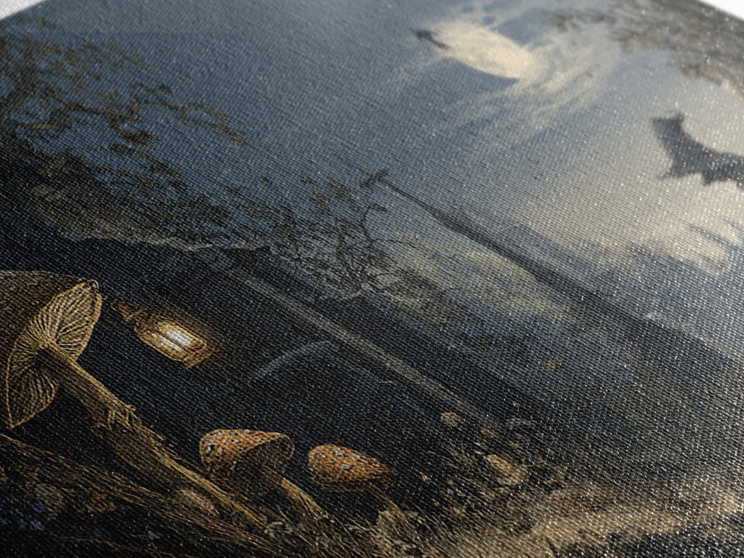 The Moonlit Mushroom Village, Romantic Gothic Landscape, Wide Panoramic Art, Dark Fantasy Wall Art, Canvas Print, Dark Fantasy Art