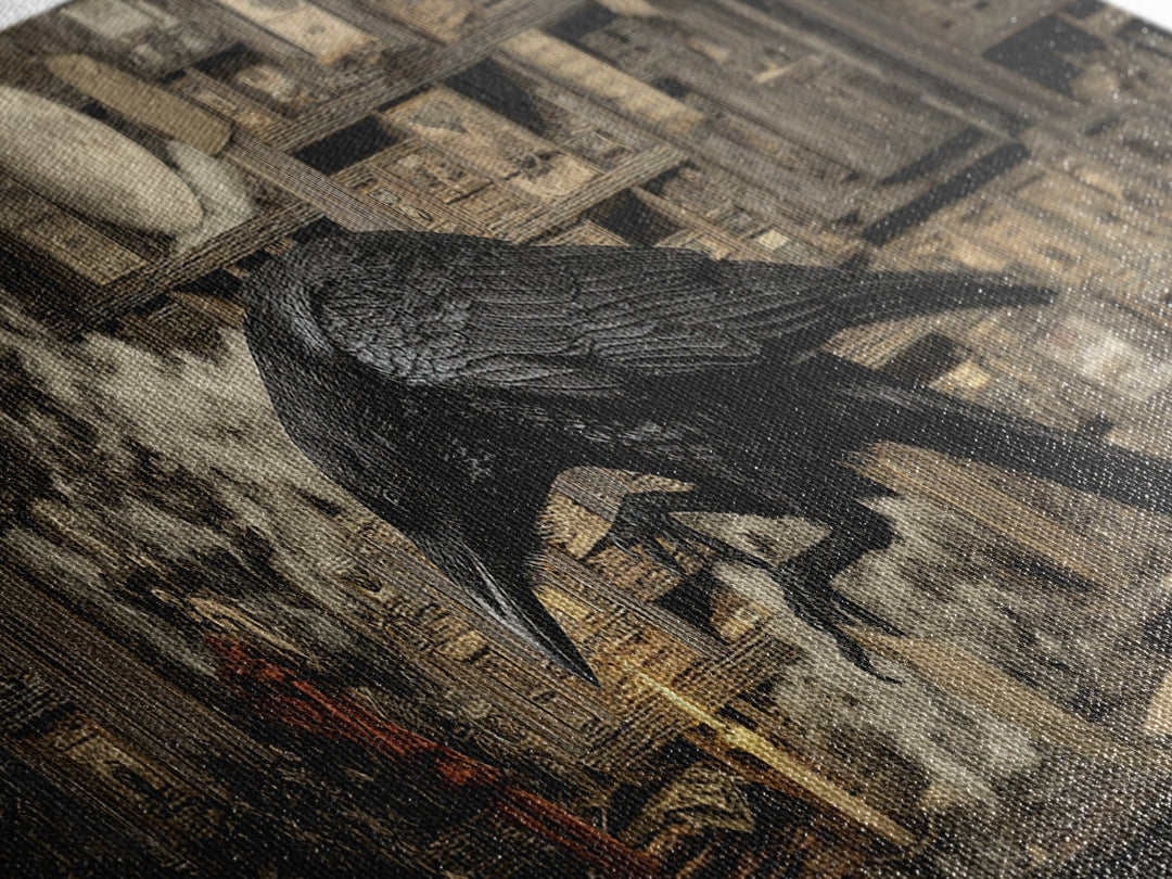 The Raven Post Office, Medieval Grotesque Art, Extra Wide Wall Art, Dark Halloween Decor, Framed Canvas Print, Halloween Wall Art