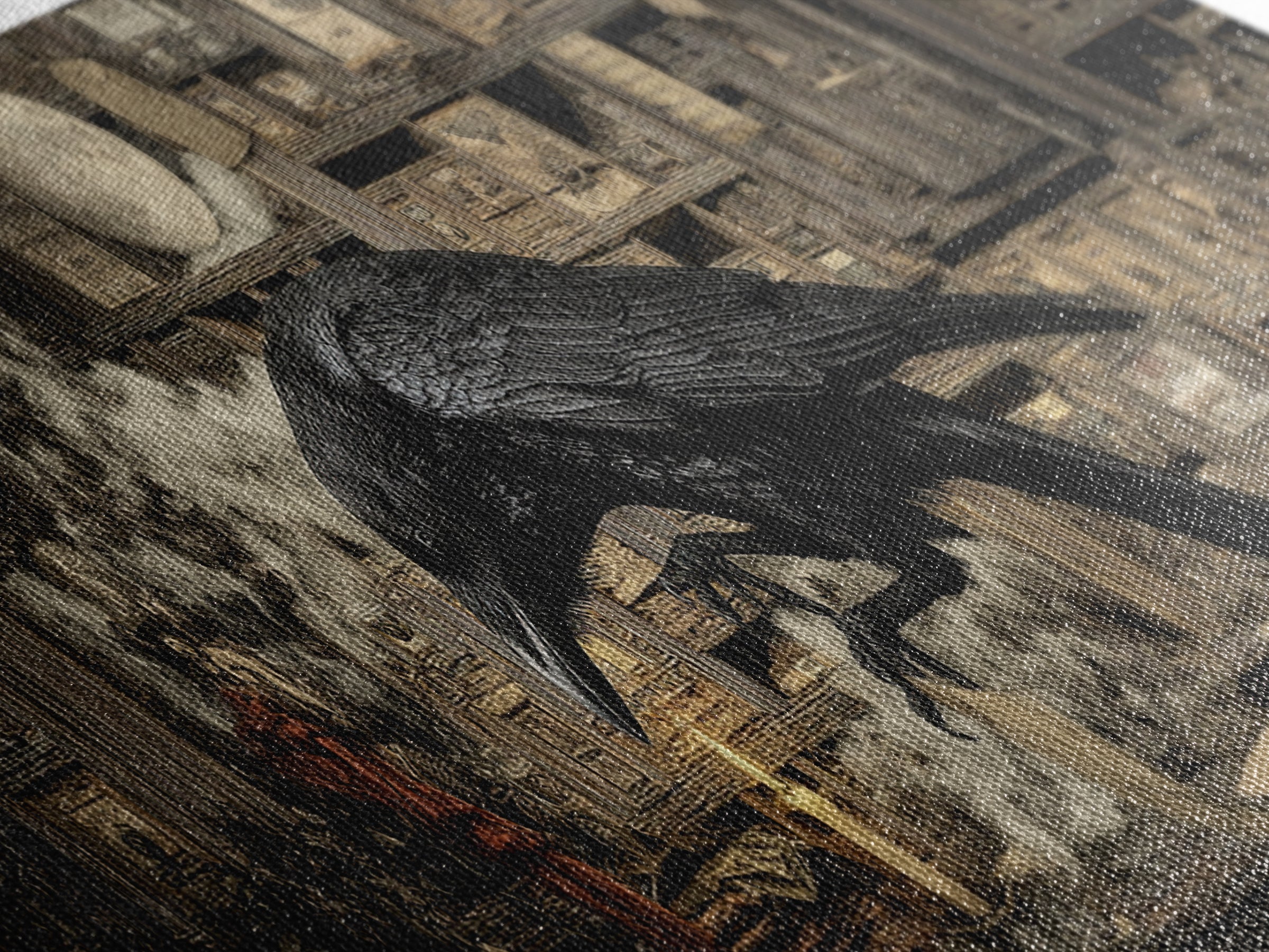 The Raven Post Office, Medieval Grotesque Art, Extra Wide Wall Art, Dark Halloween Decor, Framed Canvas Print, Halloween Wall Art