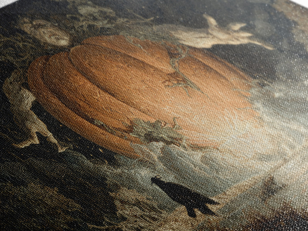 The Cosmic Pumpkin God, Symbolist Gothic Landscape, Wide Panoramic Art, Dark Halloween Decor, Canvas Print, Halloween Wall Art
