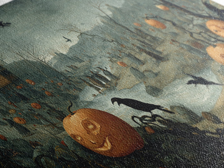 The Alien Pumpkin Patch, Northern Renaissance Horror, Wide Panoramic Art, Dark Halloween Decor, Canvas Print, Halloween Wall Art
