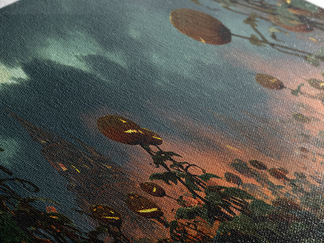 The Alien Pumpkin Patch, Apocalyptic Romantic Art, Wide Panoramic Art, Gothic Horror Wall Art, Canvas Print, Halloween Wall Art