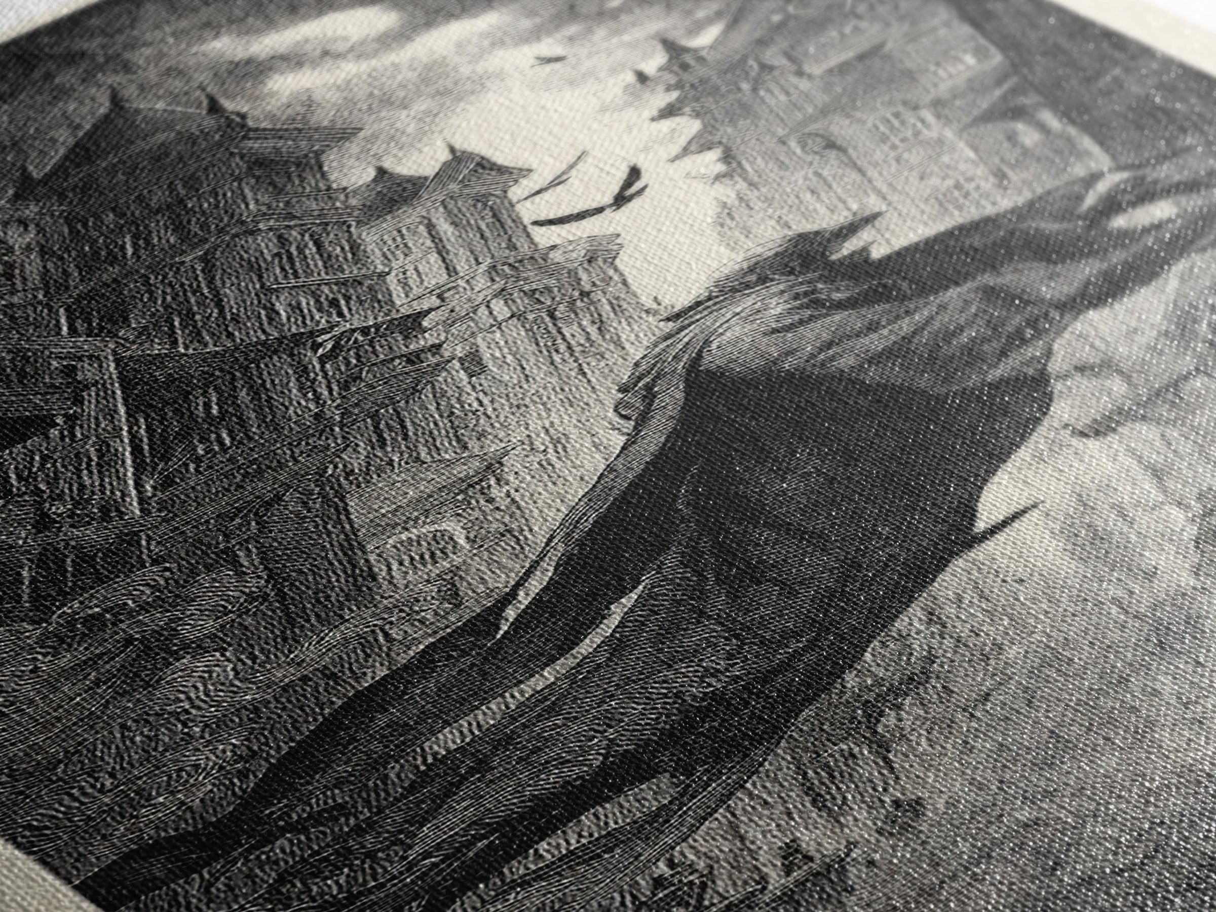 The Town Where Shadows Live, Gothic Engraving Art, Tall Narrow Wall Art, Dark Fantasy Wall Art, Canvas Print, Halloween Wall Art