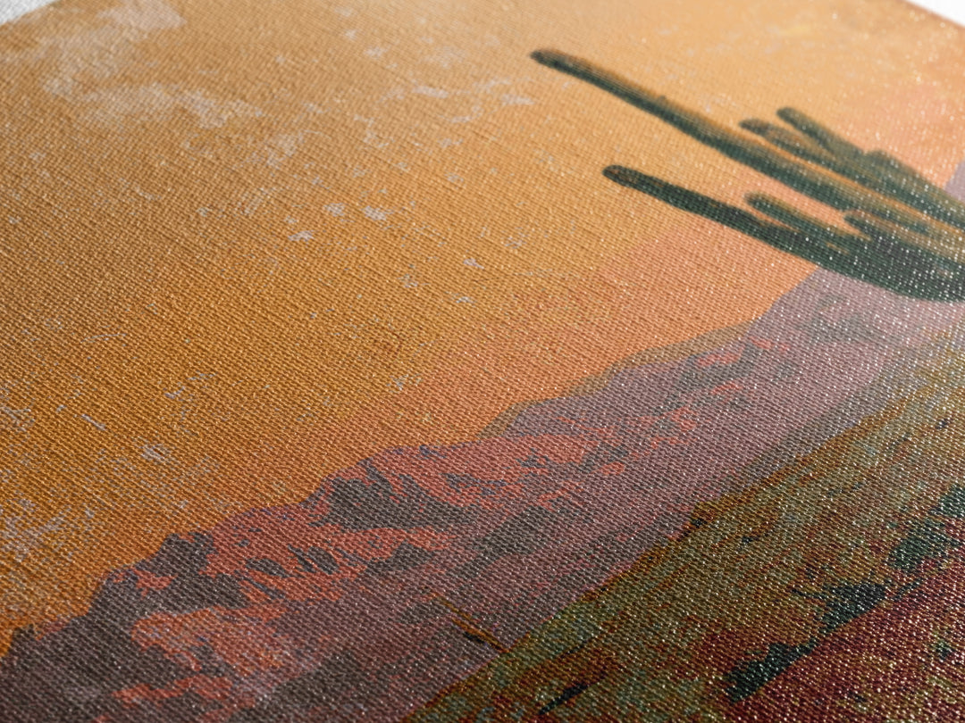 Saguaro Cactus under Orange Sunset Sky Framed Canvas Print, Desert Art, Textured Painting, Southwestern Decor, Fine Art, Desert, DES-1x1-1