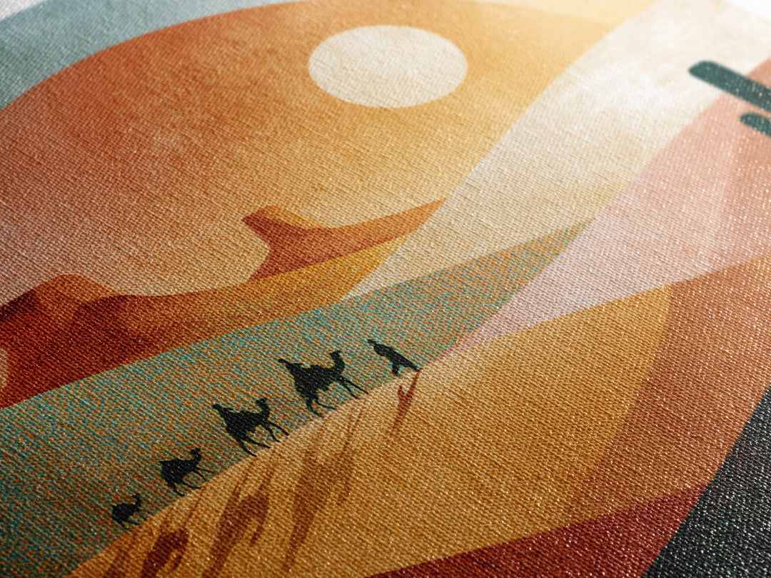 Saharan Dunes with Tiny Caravan Silhouettes Canvas Print, Desert Art, Neutral Decor, Southwestern Decor, Fine Art, Desert, DES-1x1-26