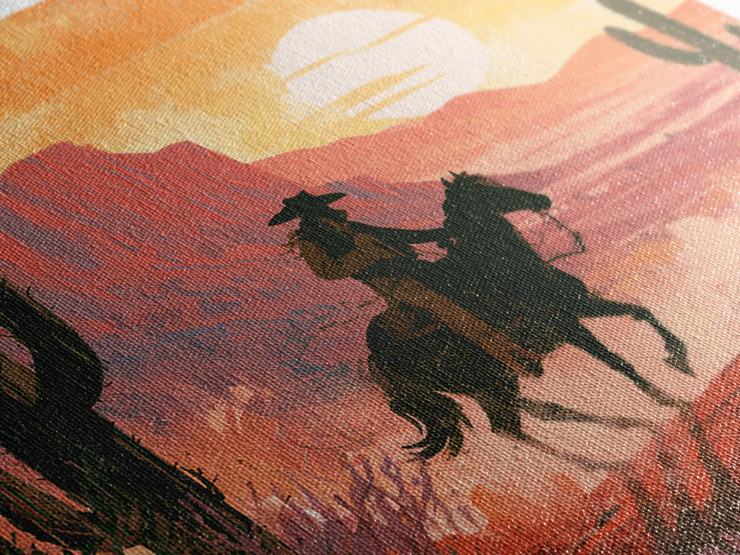 Dusty Horseback Rider at Sunset Framed Canvas Print, Desert Art, Modern Wall Art, Southwestern Decor, Fine Art, Desert, DES-1x1-47