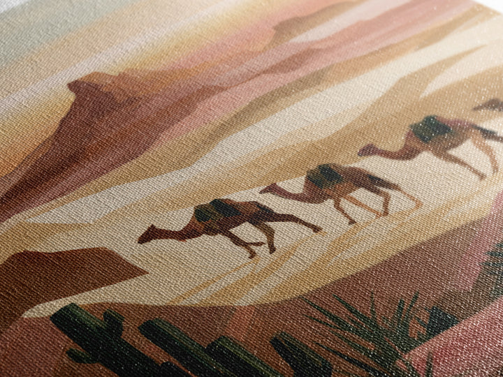 Camel Caravan Crossing Golden Dunes Framed Canvas Print, Desert Art, Art Print, Southwestern Decor, Fine Art, Desert, DES-1x1-79