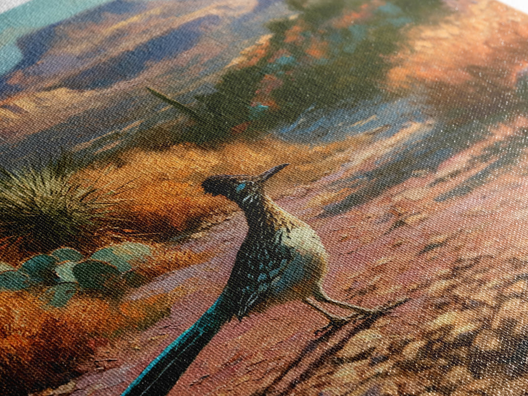 Roadrunner Bird in a Dry Wash Canvas Print, Desert Art, Minimalist Decor, Southwestern Decor, Oil Painting, Desert, Boho, DES-1x1-86