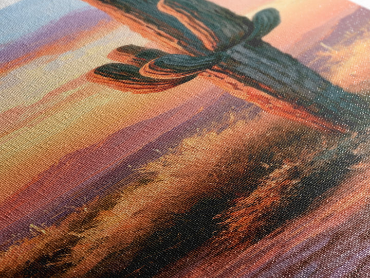 Saguaro Cactus under Orange Sunset Sky Canvas Print, Desert Art, Printable Wall Art, Southwestern Decor, Oil Painting, Desert, DES-1x3-37