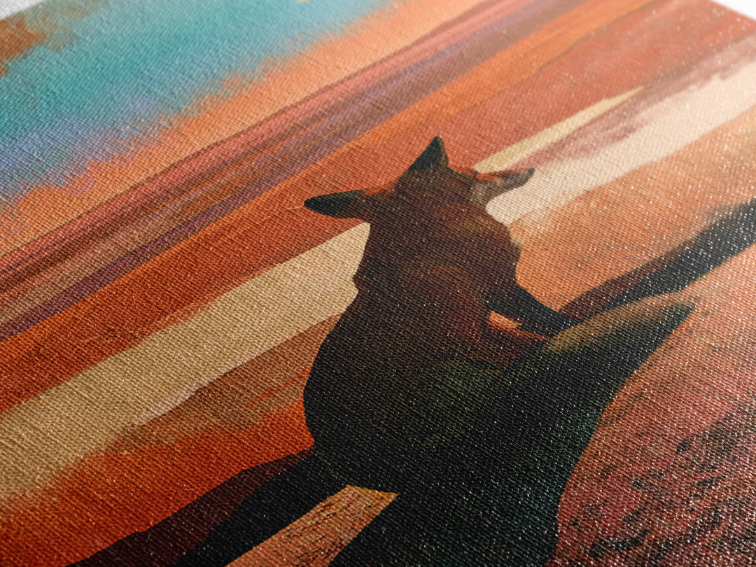 Desert Fox Beneath a Crescent Moon Framed Canvas Print, Desert Art, Abstract Wall Art, Southwestern Decor, Oil Painting, Desert, DES-2x3-25