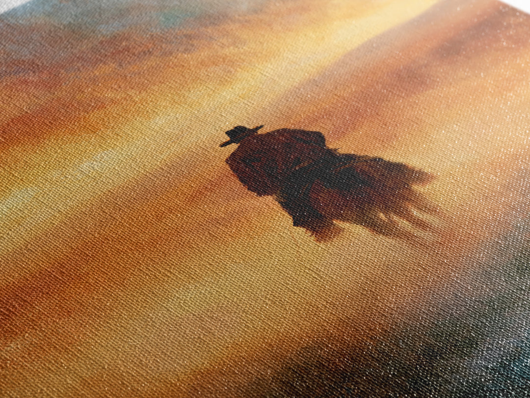 Dusty Horseback Rider at Sunset Framed Canvas Print, Desert Art, Boho Decor, Southwestern Decor, Oil Painting, Desert, DES-2x3-55