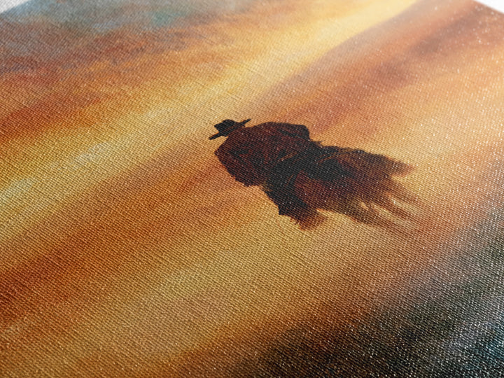Dusty Horseback Rider at Sunset Framed Canvas Print, Desert Art, Boho Decor, Southwestern Decor, Oil Painting, Desert, DES-2x3-55