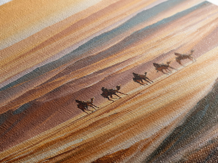 Camel Caravan Crossing Golden Dunes Framed Canvas Print, Desert Art, Botanical Art, Southwestern Decor, Watercolor Art, Desert, DES-2x3-63