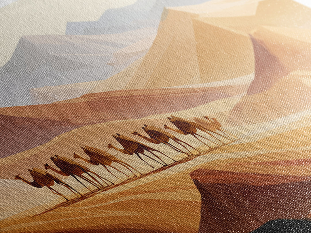 Camel Caravan Crossing Golden Dunes Framed Canvas Print, Desert Art, Contemporary Art, Southwestern Decor, Fine Art, Desert, DES-3x1-23