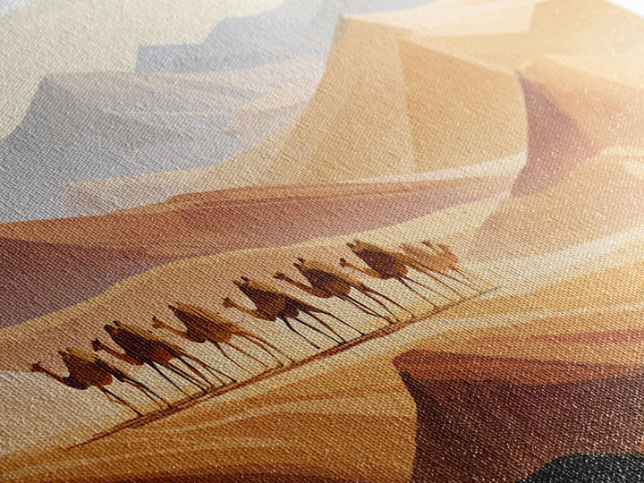 Camel Caravan Crossing Golden Dunes Framed Canvas Print, Desert Art, Contemporary Art, Southwestern Decor, Fine Art, Desert, DES-3x1-23