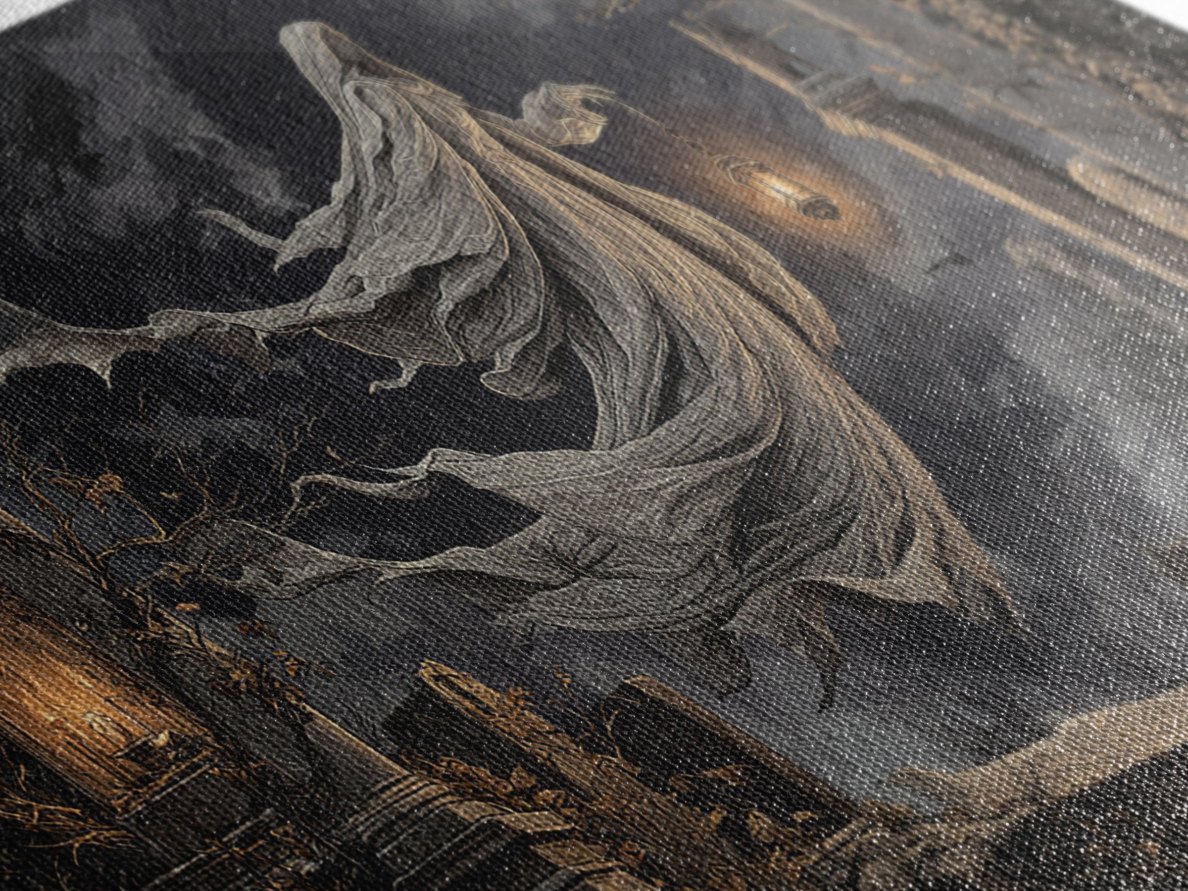 The Graveyard Ghost, Wide Panoramic Art, Gothic Horror Wall Art, Framed Canvas Print, Halloween Wall Decor, Gothic Home Decor