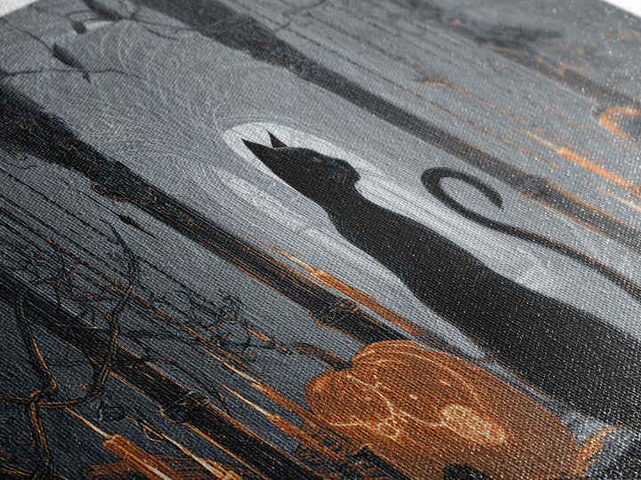 The Black Cat Familiar, Wide Panoramic Art, Haunted Gothic Art, Framed Canvas Print, Halloween Wall Decor, Gothic Home Decor