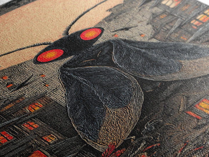 The Red-Eyed Moth Creature, Tall Narrow Wall Art, Spooky Home Decor, Canvas Print, Halloween Wall Decor, Gothic Home Decor