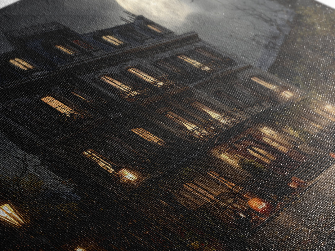 The Haunted Hotel, Wide Panoramic Art, Macabre Wall Art, Framed Canvas Print, Halloween Wall Decor, Gothic Home Decor, Horror Wall Art