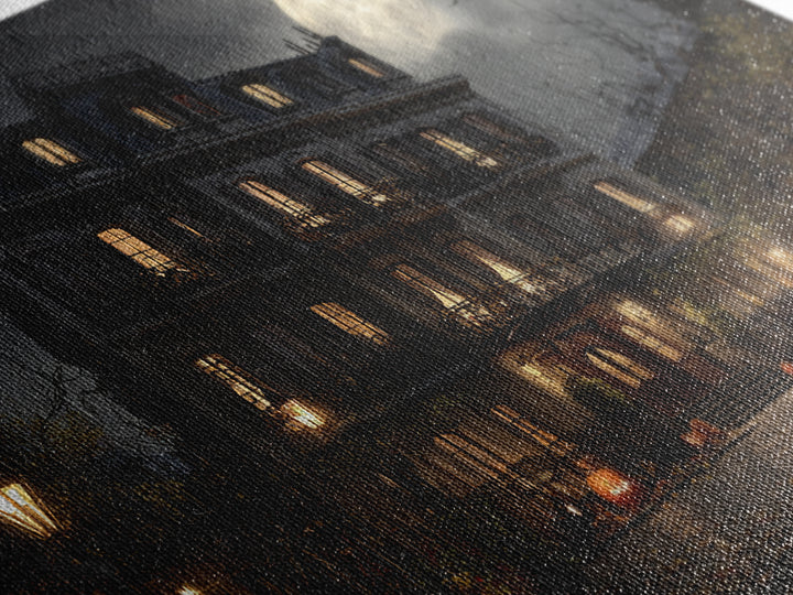 The Haunted Hotel, Wide Panoramic Art, Macabre Wall Art, Framed Canvas Print, Halloween Wall Decor, Gothic Home Decor, Horror Wall Art