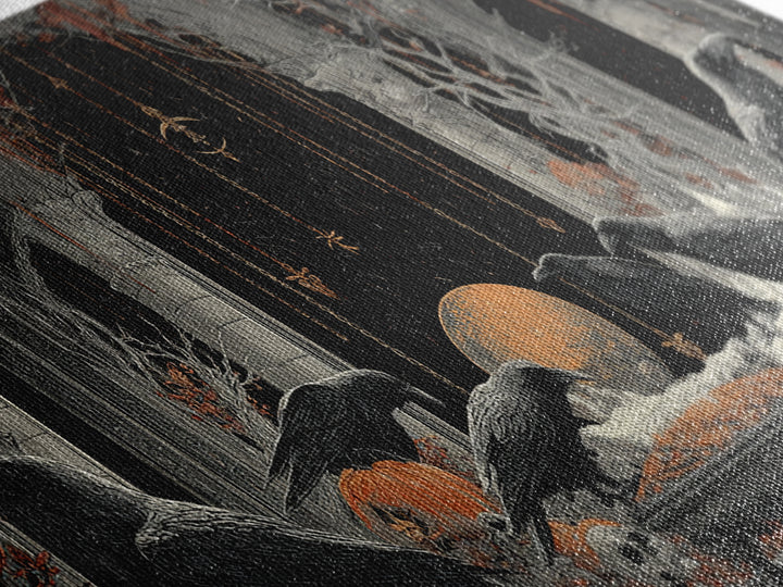 The Raven Funeral, Wide Panoramic Art, Gothic Horror Wall Art, Framed Canvas Print, Halloween Wall Decor, Gothic Home Decor, Halloween Decor