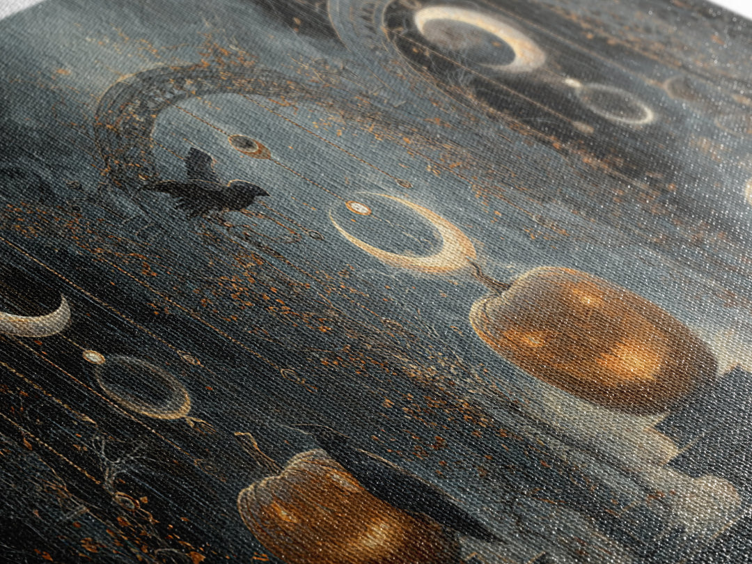Pumpkins And Moon Phases, Wide Panoramic Art, Dark Halloween Decor, Canvas Print, Halloween Wall Decor, Gothic Home Decor, Horror Wall Art