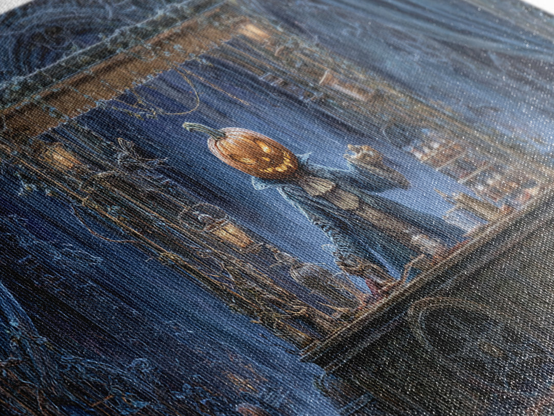 The Pumpkin-Headed Tea Merchant, Wide Panoramic Art, Dark Halloween Decor, Canvas Print, Halloween Wall Decor, Gothic Home Decor