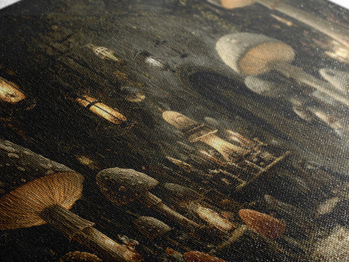 The Moonlit Mushroom Village, Wide Panoramic Art, Macabre Wall Art, Framed Canvas Print, Halloween Wall Decor, Gothic Home Decor